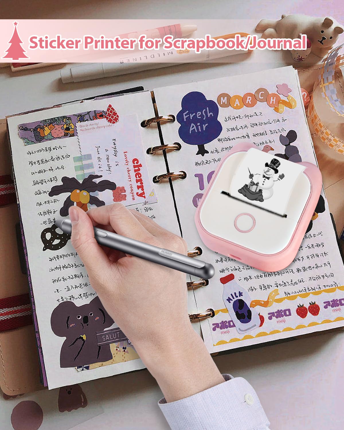 Sticker Printer - T02 Mini Thermal Printer, Portable Pocket Printer, Sticker Maker Machine with 3 Rolls Thermal Paper for Study Note, Photo, Travel, DIY Printing, Office, Festival Gifts, Pink