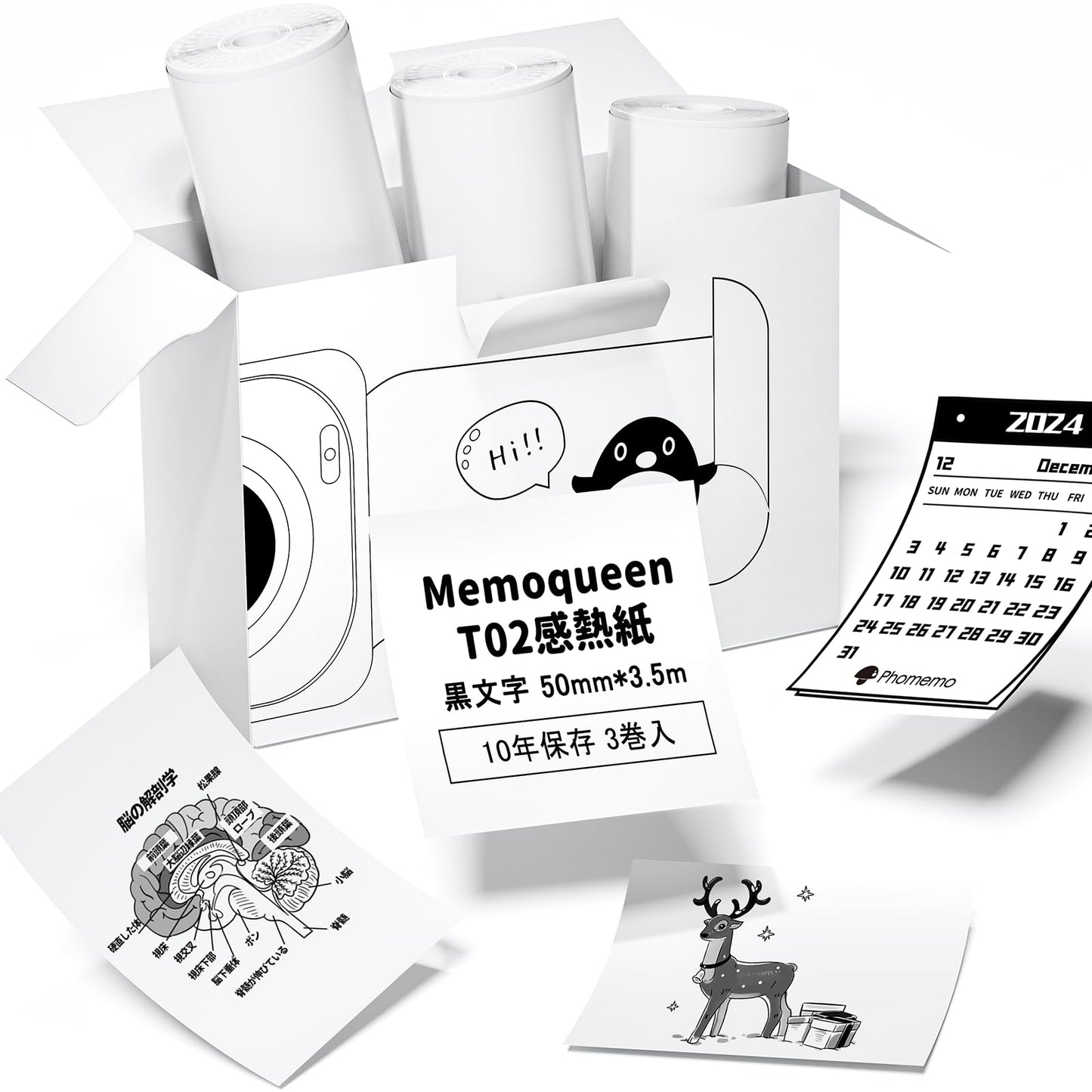 サーマルシール紙 Memoqueen T02 ミニサーマルプリンタ 専用感熱印刷紙 黒文字 50mm*3.5m ノーカットロールペーパー ラベルシール テープ 強粘着 防水 10年保存 3巻入 T02/M02X/M02Lサーマルプリンタに対応しています 写真/ステッカーノード/勉強/メモ/仕事/手帳/落書き/メモ/はがき/ラベル/オフィス/教育/アドレス/家計簿/整理収納に適用