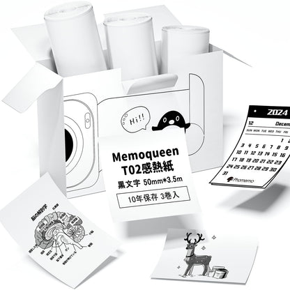 サーマルシール紙 Memoqueen T02 ミニサーマルプリンタ 専用感熱印刷紙 黒文字 50mm*3.5m ノーカットロールペーパー ラベルシール テープ 強粘着 防水 10年保存 3巻入 T02/M02X/M02Lサーマルプリンタに対応しています 写真/ステッカーノード/勉強/メモ/仕事/手帳/落書き/メモ/はがき/ラベル/オフィス/教育/アドレス/家計簿/整理収納に適用