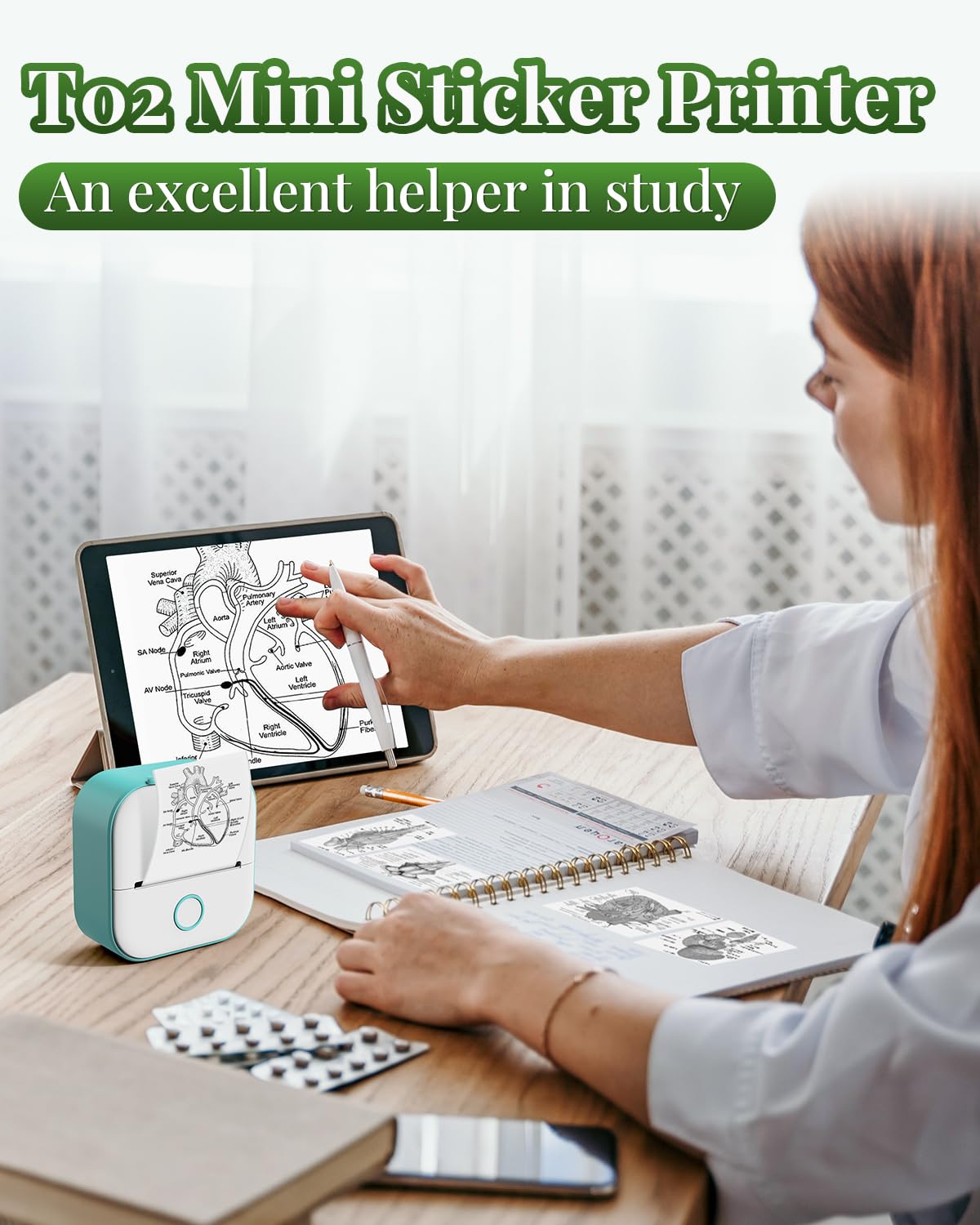 Memoqueen T02 Mini Sticker Pinter - Thermal Pocket Printer Wireless Bluetooth Thermal Printer Mini Photo Printer, Support for Android & iOS System, Great for Study, Work, Plan, DIY Journal, Green