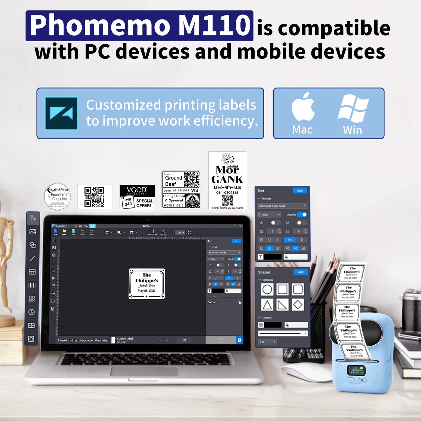 Phomemo M110 BU Label Maker Portable Bluetooth Thermal Label Maker Printer Inkless Printing for Labels, Stickers, Images, QR Codes, Compatible with Android & iOS System, with 1pack 40×30mm Label