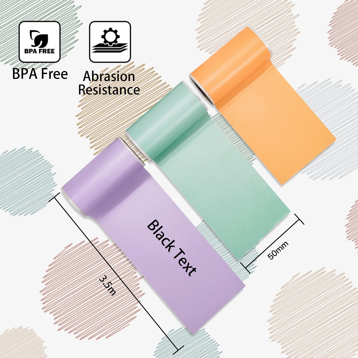 Phomemo T02 Mint Green/Lavender Purple/Light Orange, Adhesive Thermal Paper, Sticker Paper Printer Paper, 50mmx3.5mm,Black Text,Keep for 20 Years,3 Rolls