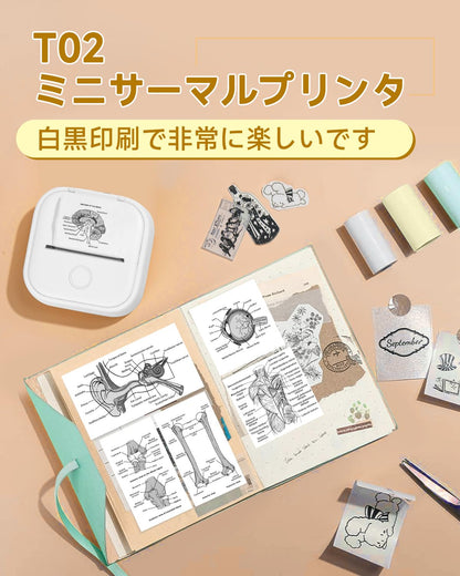 スマホ対応 プリンター Memoqueen T02 サーマルプリンター ミニプリンター モバイルプリンター メモプリンター ラベルライター Bluetoothプリンター ノートプリンター フォトプリンター 持ち運びプリンター はがき/写真アルバム/手帳/メモ/買い物リスト/学習ノートに使用することができます 専用アプリアプリ 本体にはロール状の感熱紙が付属しています