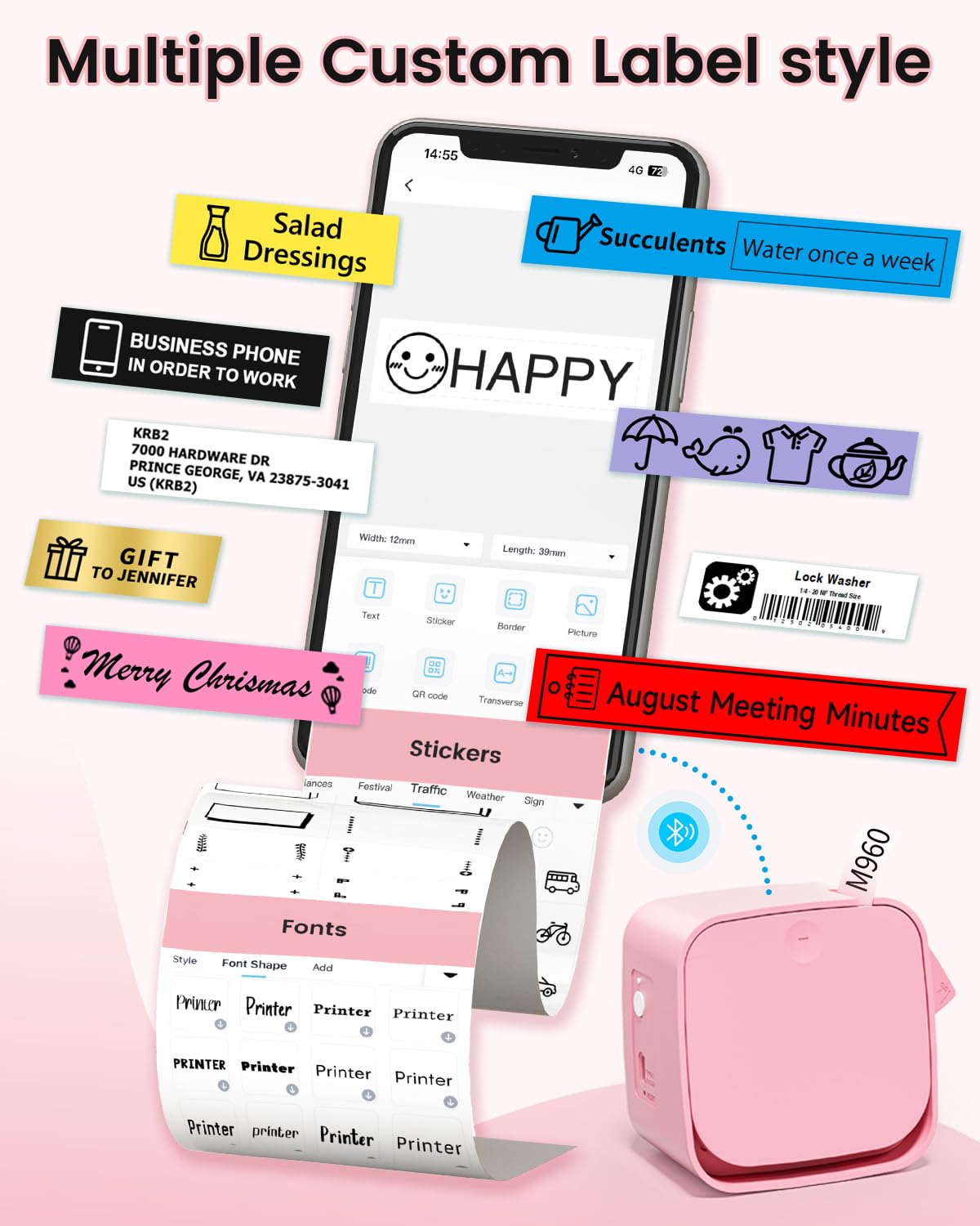 M960 Label Makers-Bluetooth Label Maker Machine with Tape, Mini Label Printer with Multiple Templates for Office,School,Home,Organization,Pink