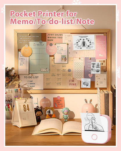 Memoqueen T02 Pocket Printer-Mini Sticker Printer Portable Bluetooth Inkless Instant Photo Printer, Compatble with Phones & Taplates, Great for DIY, Photos, Study Notes, Journal, Fun, Work, Pink