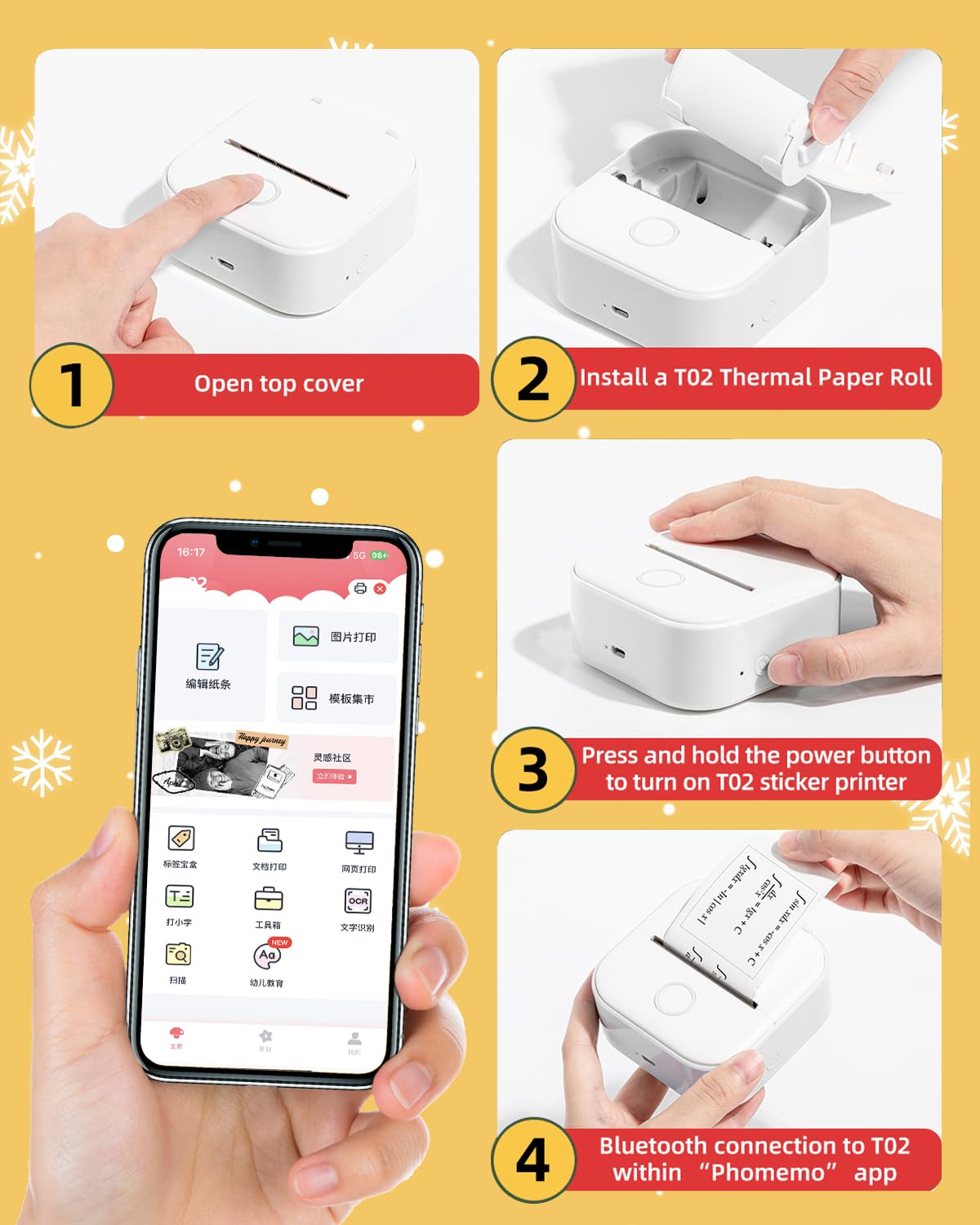 Memoqueen Mini Sticker Printer with 3 Rolls Paper T02 Mini Portable Thermal Printer,Sticker Maker Machine for Study, Brithday Gift, Journal, Work, Children DIY, Compatible with Phone & Tablet, White