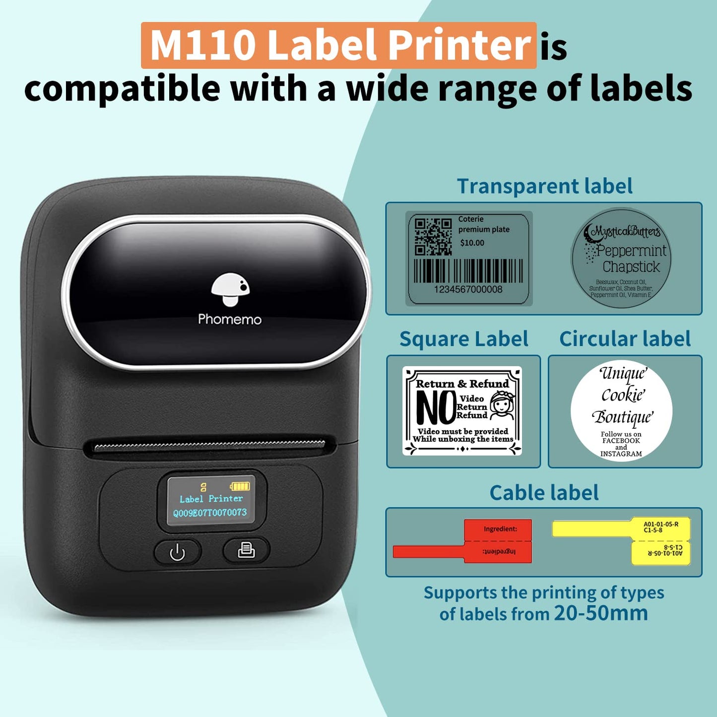 Phomemo M110 BK Label Maker Portable Bluetooth Thermal Label Maker Printer Inkless Printing for Labels, Stickers, Images, QR Codes, Compatible with Android & iOS System, with 1pack 40×30mm Label