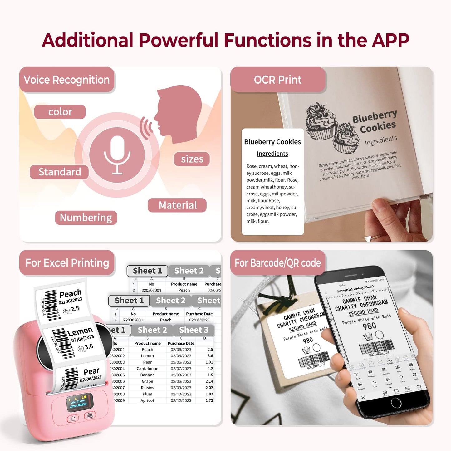 Memoqueen M110 Label Maker for Small Business, Bluetooth Thermal Label Printer Compatible with iOS & Android, Barcode Label Printer with Tape, Address Labels, Reatil, Images, Pink