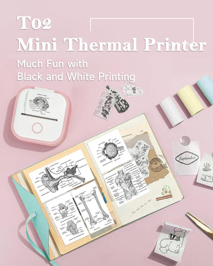 Memoqueen T02 Pocket Printer-Mini Sticker Printer Portable Bluetooth Inkless Instant Photo Printer, Compatble with Phones & Taplates, Great for DIY, Photos, Study Notes, Journal, Fun, Work, Pink