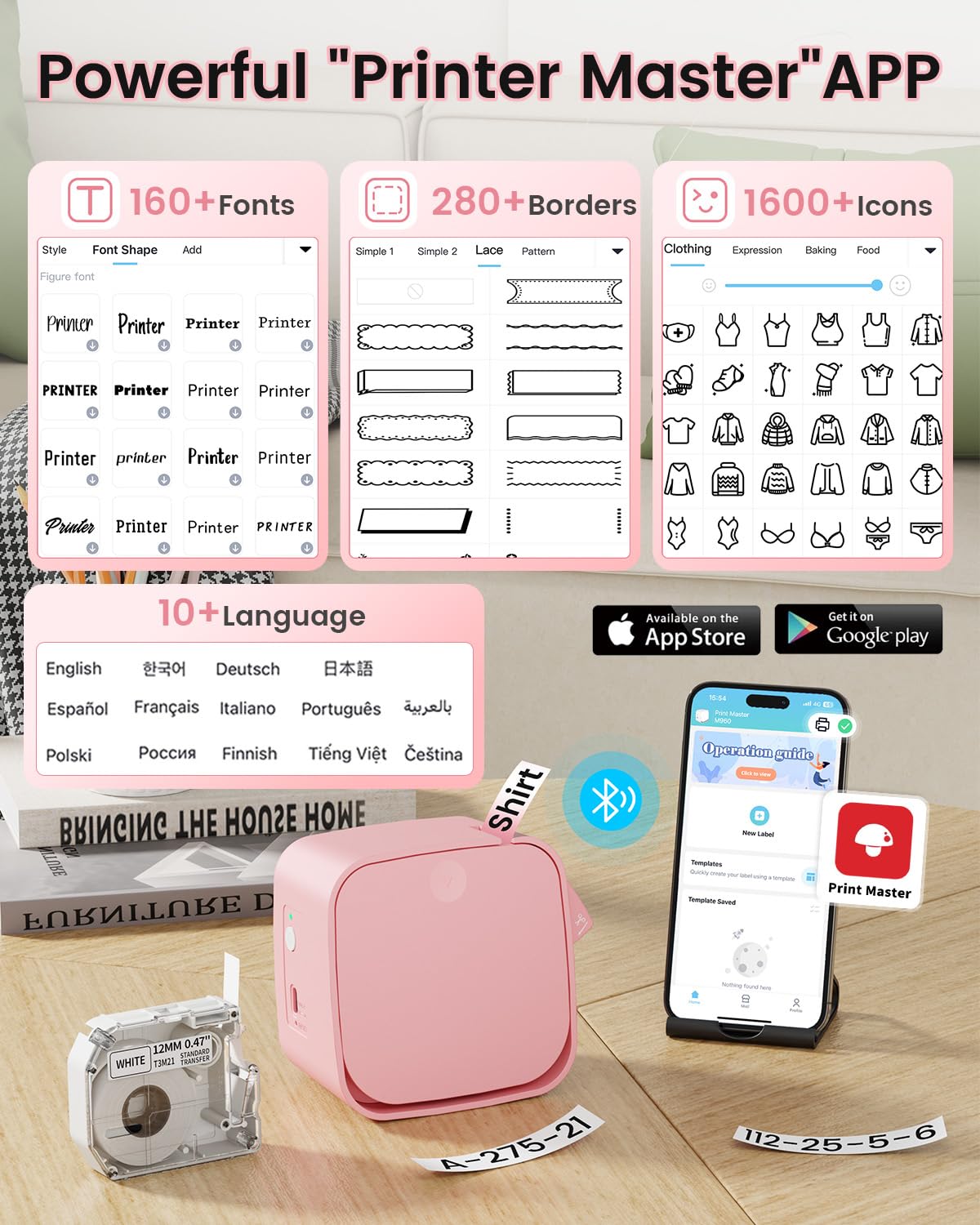 M960 Label Makers-Bluetooth Label Maker Machine with Tape, Mini Label Printer with Multiple Templates for Office,School,Home,Organization,Pink