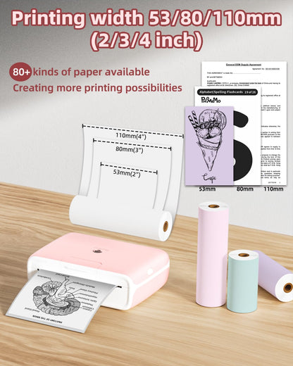 Phomemo M04S Portable Printer - Bluetooth Inkless Thermal Sticker Printer Compatible with iOS and Android for Instantly Print Documents, Notes, Laebl with 300dpi, Support 53/80/110mm Paper Width, Pink
