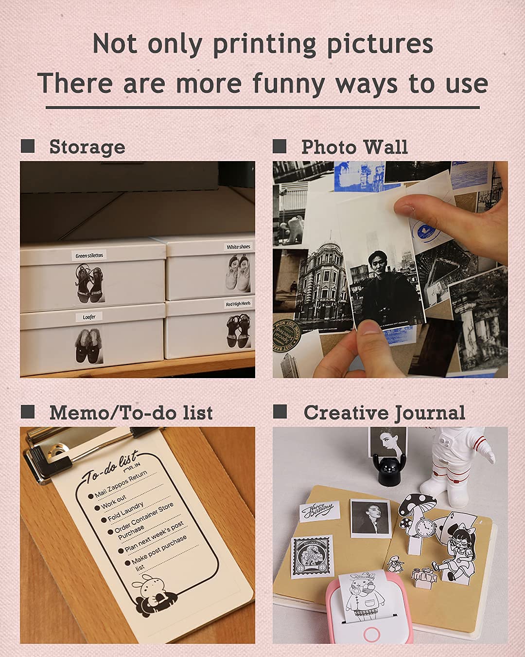 Memoqueen Mini Pocket Sticker Printer T02 Mini Pocket Thermal Printer, Wireless Bluetooth Photo Printer for DIY Journal, Note, Memo, Photo, Mini Portable Printer Compatible with iOS & Android, Pink