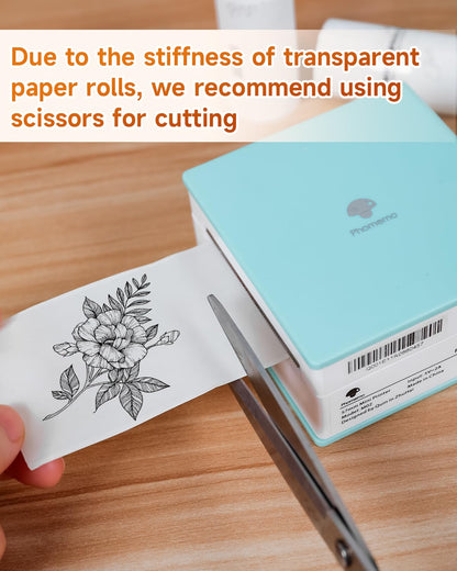 Phomemo Transparent Self-Adhesive Thermal Paper, Clear Sticker Paper for T02/M02/M02 Pro/M02S/M03/M03AS/M04S Mini Printer, Black on Clear, 3 Rolls Paper, 50mm x 3.5m, Diameter 30mm.