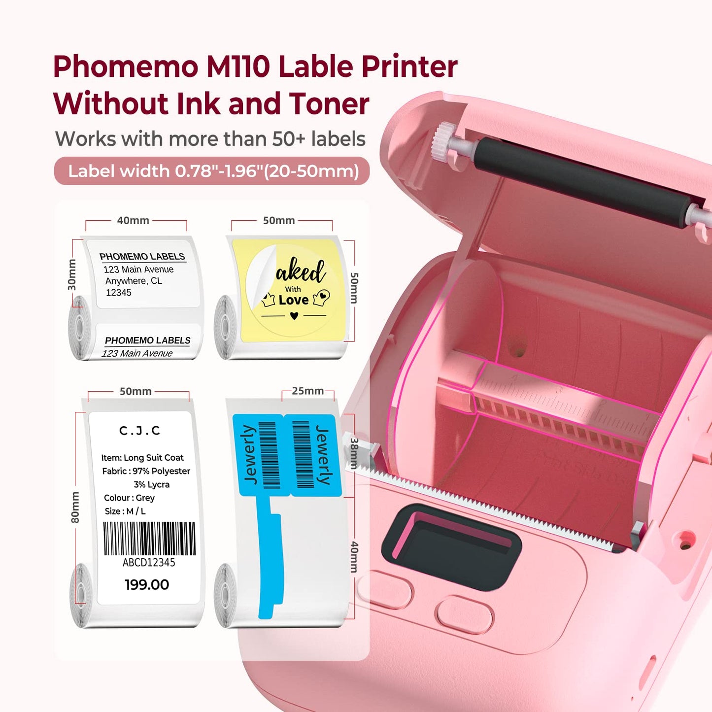 Memoqueen M110 Label Maker for Small Business, Bluetooth Thermal Label Printer Compatible with iOS & Android, Barcode Label Printer with Tape, Address Labels, Reatil, Images, Pink
