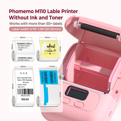 Memoqueen M110 Label Maker for Small Business, Bluetooth Thermal Label Printer Compatible with iOS & Android, Barcode Label Printer with Tape, Address Labels, Reatil, Images, Pink