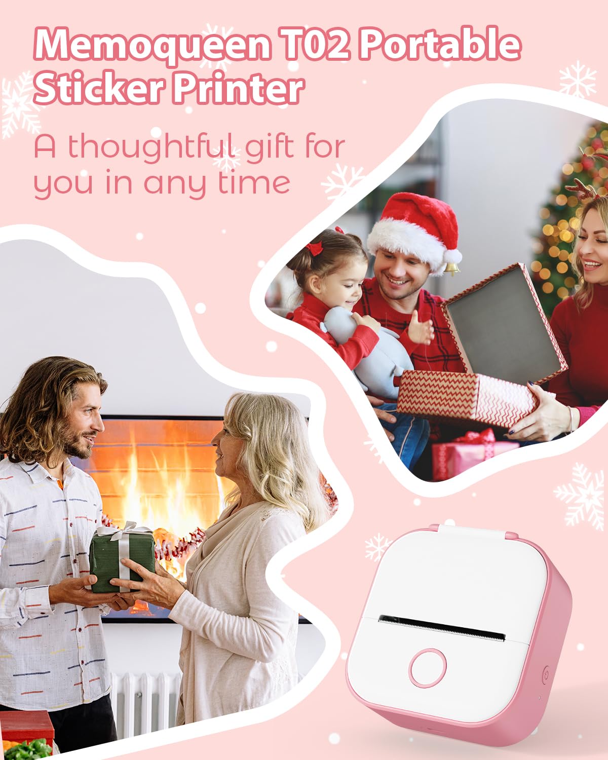Memoqueen T02 Pocket Printer-Mini Sticker Printer Portable Bluetooth Inkless Instant Photo Printer, Compatble with Phones & Taplates, Great for DIY, Photos, Study Notes, Journal, Fun, Work, Pink