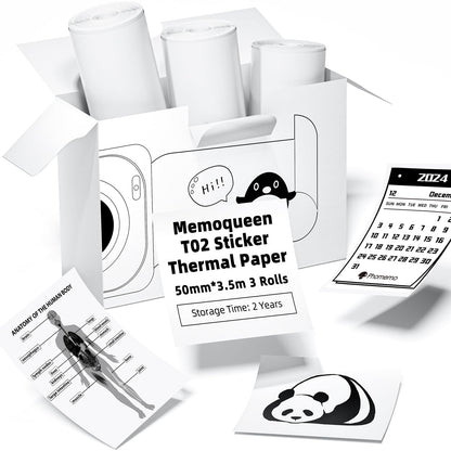 Phomemo T02 white adhesive thermal paper, sticker paper printer paper, 50mmx3.5m,black text,keep for 2 years,3 rolls