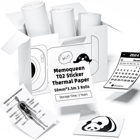 Phomemo T02 white adhesive thermal paper, sticker paper printer paper, 50mmx3.5m,black text,keep for 2 years,3 rolls