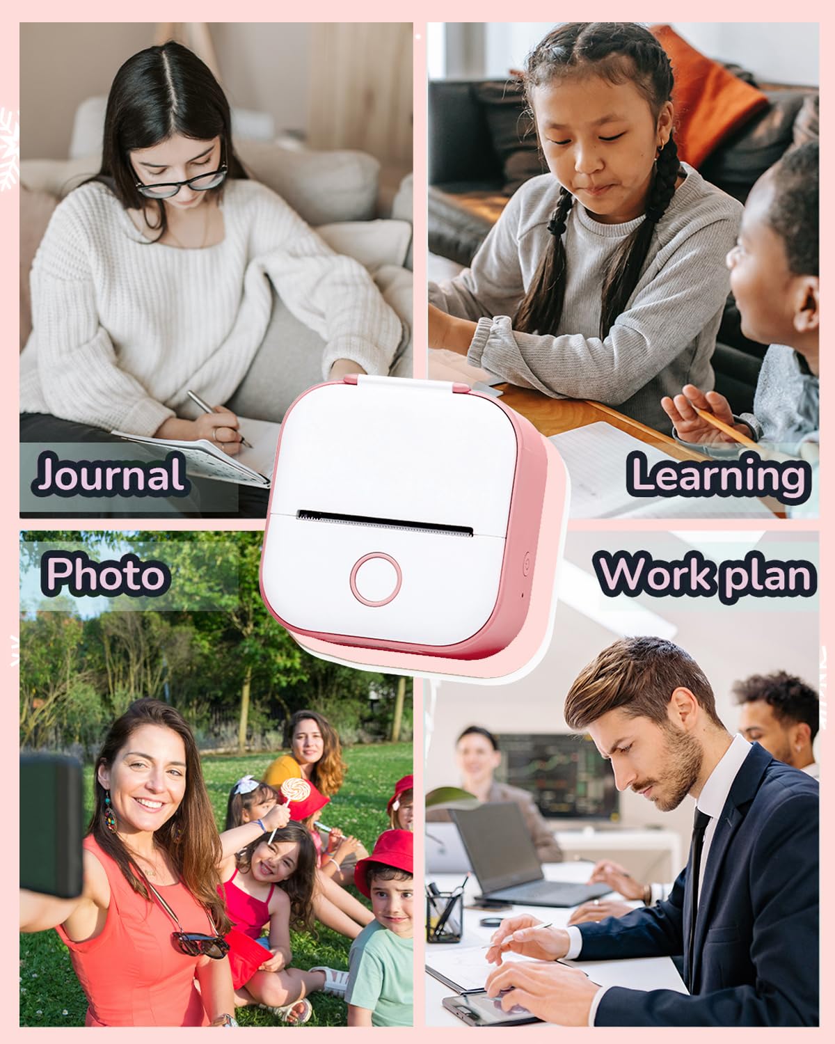 Sticker Printer - T02 Mini Thermal Printer, Portable Pocket Printer, Sticker Maker Machine with 3 Rolls Thermal Paper for Study Note, Photo, Travel, DIY Printing, Office, Festival Gifts, Pink