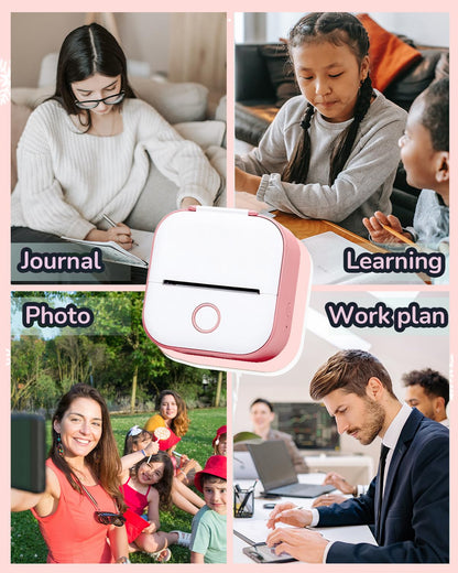 Sticker Printer - T02 Mini Thermal Printer, Portable Pocket Printer, Sticker Maker Machine with 3 Rolls Thermal Paper for Study Note, Photo, Travel, DIY Printing, Office, Festival Gifts, Pink