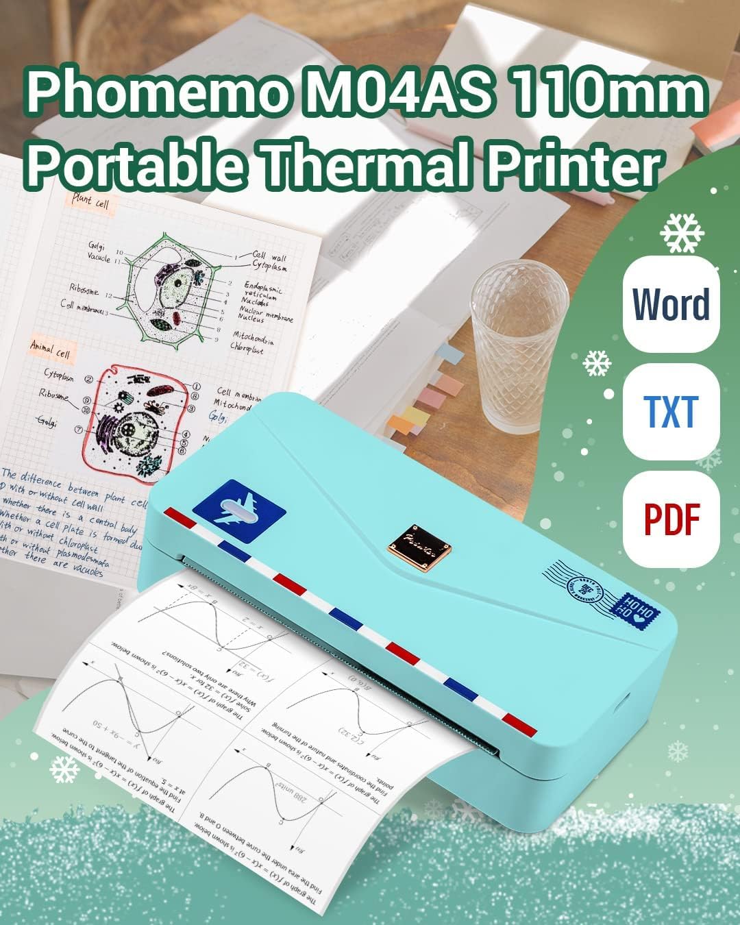 Memoqueen Portable Thermal Printer M04AS Inkless Sticker Printer 300dpi Bluetooth Label Printer, Support 15/53/80/110mm Printing Width, Suitable for Photos, Memo, Notes, to-Do-List, Gifts, Green