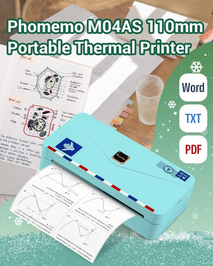 Memoqueen Portable Thermal Printer M04AS Inkless Sticker Printer 300dpi Bluetooth Label Printer, Support 15/53/80/110mm Printing Width, Suitable for Photos, Memo, Notes, to-Do-List, Gifts, Green