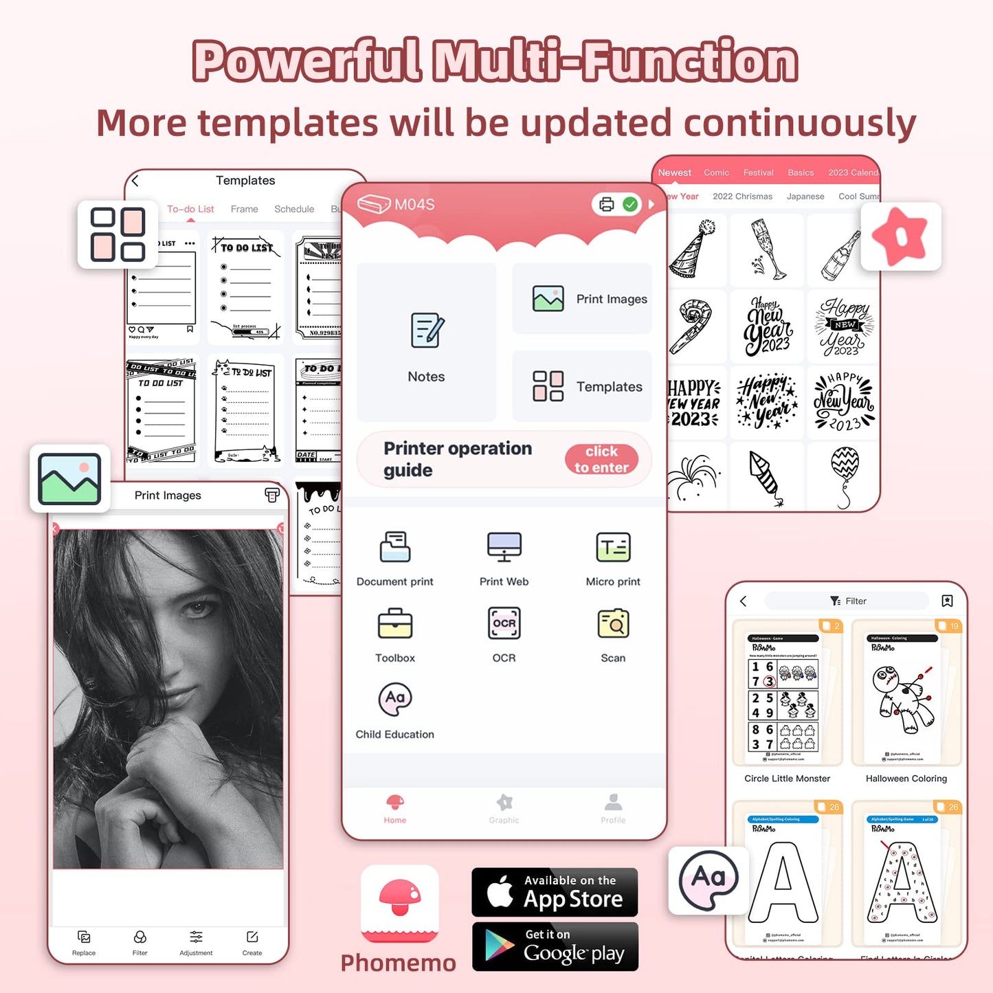 Phomemo M04S Portable Printer - Bluetooth Inkless Thermal Sticker Printer Compatible with iOS and Android for Instantly Print Documents, Notes, Laebl with 300dpi, Support 53/80/110mm Paper Width, Pink