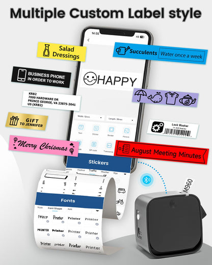 Memoqueen M960 Portable Label Maker Machine with Tape-Bluetooth Thermal Mini Label Printer for Home, Office, Home, School, Sticker Maker with Multiple Templates Font Icon, Black