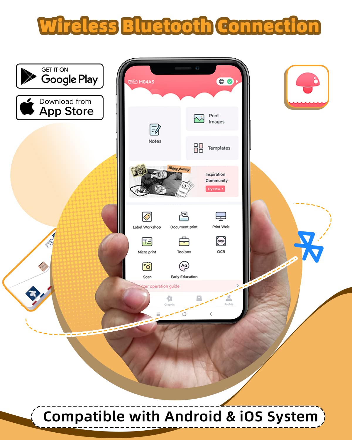 Memoqueen Mini Thermal Printer M04AS Portable Sticker Printer Wireless Bluetooth Printer for iPhone, Support 15/53/80/110mm Paper, Compatible with iOS & Android, Great for Memo, Notes, Photo, Journal