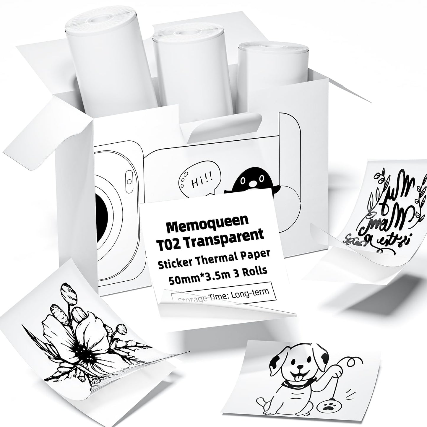 Phomemo T02 Transparent Adhesive Thermal Paper, Sticker Paper Printer Label, 1.96'' x 11.4' (50mmx3.5m/Roll), Black Text, Keep for Long Time, 3 Rolls