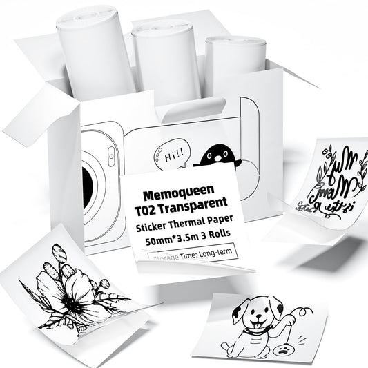 Phomemo T02 Transparent Adhesive Thermal Paper, Sticker Paper Printer Label, 1.96'' x 11.4' (50mmx3.5m/Roll), Black Text, Keep for Long Time, 3 Rolls