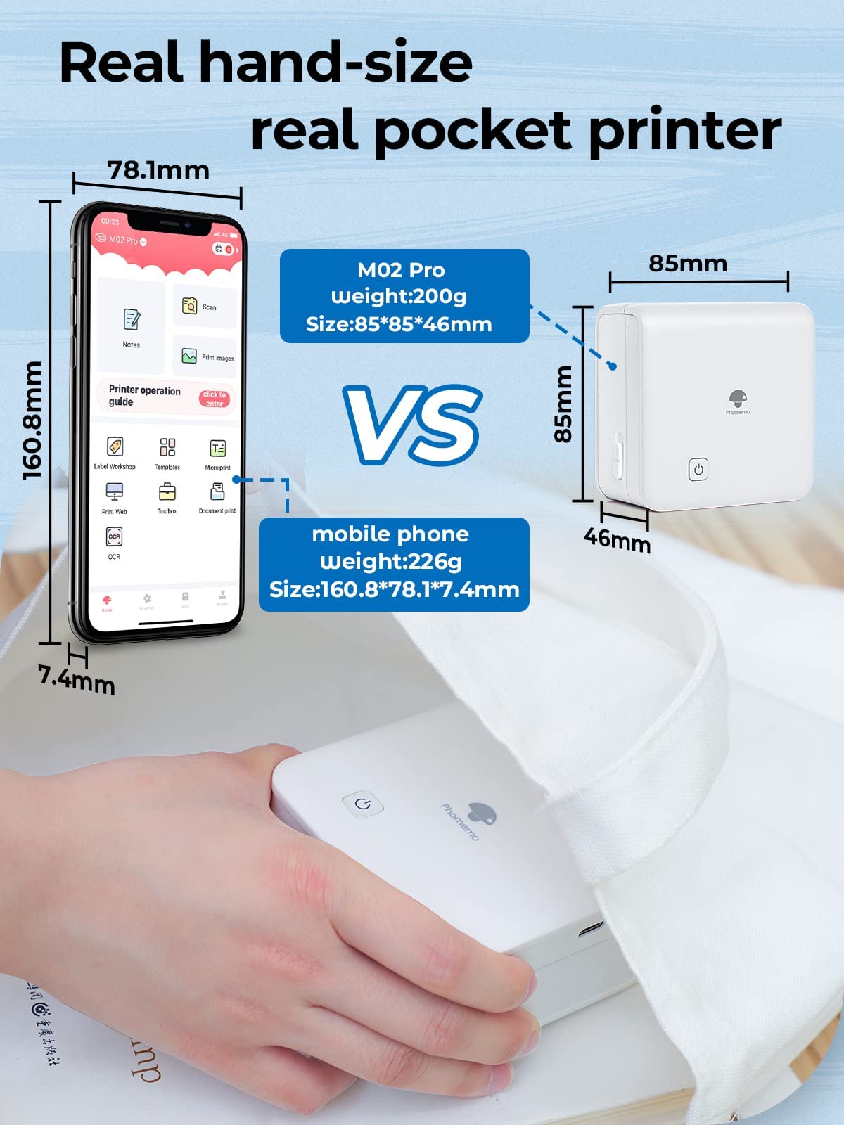 Phomemo M02Pro Mini Pocket Printer - 304DPI HD Portable Thermal Bluetooth Sticker Printer, 15/25/53mm Label Maker Compatible with iOS & Android, for Retro Photo, Plan Journal, Art Creation, Gift,