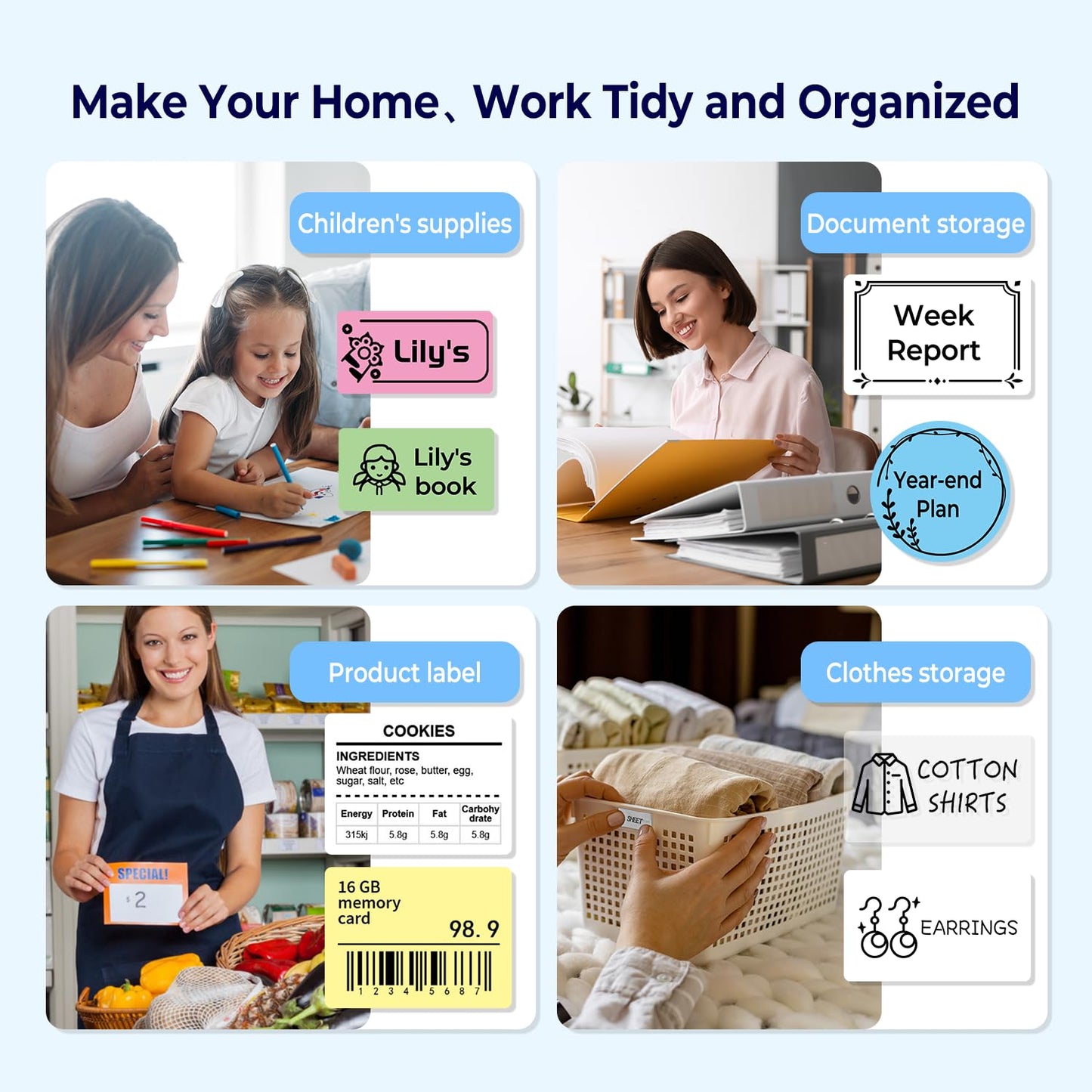 Memoqueen M110 Label Maker Portable Bluetooth Thermal Label Maker Printer Inkless Printing for Labels, Stickers, Images, QR Codes, Compatible with Android & iOS System, with 1pack 40×30mm Label, Blue
