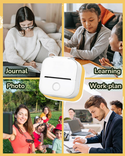 Memoqueen Mini Sticker Printer with 3 Rolls Paper T02 Mini Portable Thermal Printer,Sticker Maker Machine for Study, Brithday Gift, Journal, Work, Children DIY, Compatible with Phone & Tablet, White
