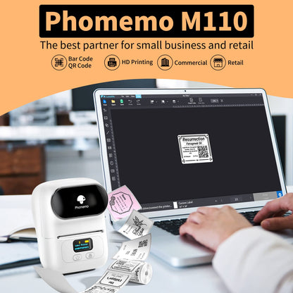 Phomemo M110 Label Makers - Portable Bluetooth Thermal Label Maker Machine,Label Printer for Barcode, Clothing, Jewelry, Retail, Mailing, for Android & iOS, with 1Pack 40×30mm Label, White