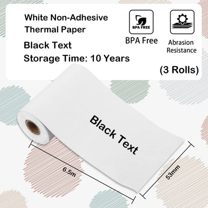 Memoqueen T02 White Non-Adhesive Thermal Paper, Printer Paper for T02 Thermal Printer, 53mm x 6.5m, Black Text, Keep for 10 Years, 3 Rolls, Can be Used for Notes/Sticker/Memo/Photo Paper