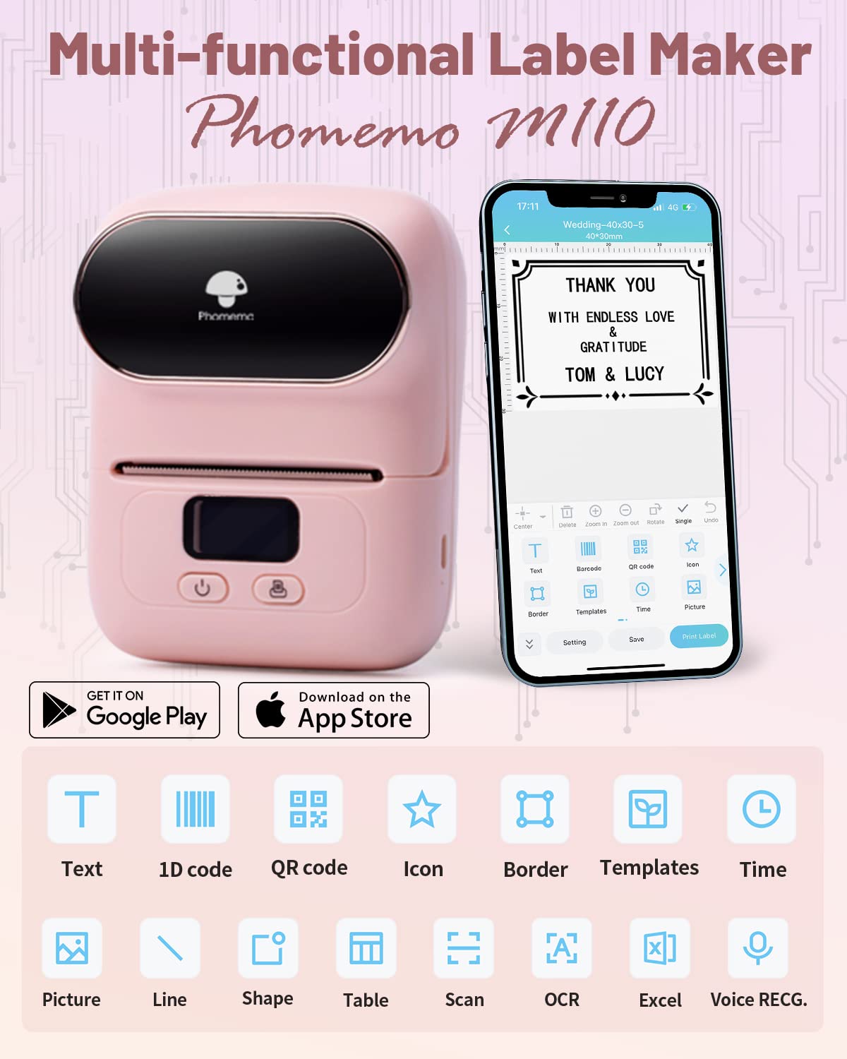 Phomemo Label Maker Machine with Tape, M110 Barcode Label Printer - Portable Bluetooth Thermal Labeler for Address Jewelry Retail Small Business Home Office Compatible Phones &PC Pink