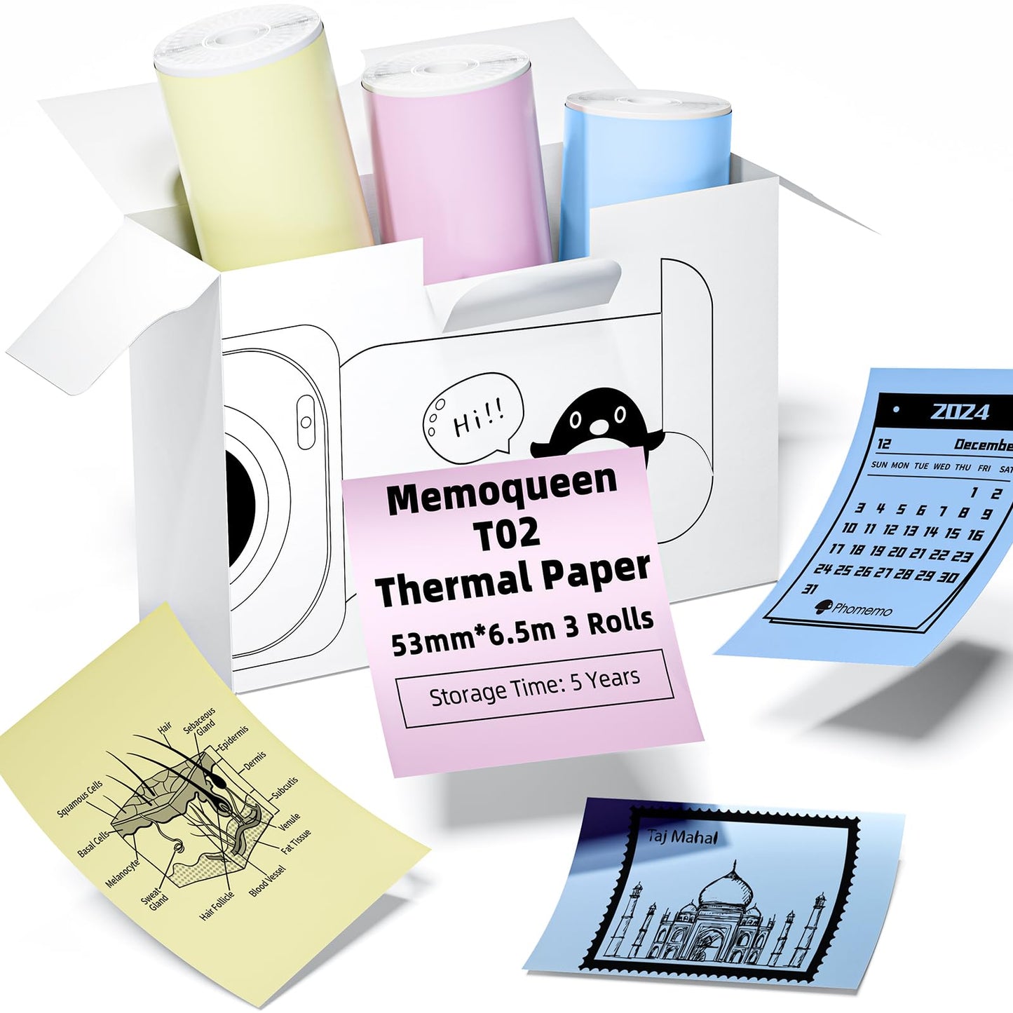 Phomemo T02 Pink/Yellow/Blue Thermal Paper, Non-Adhesive Paper Printer Paper, 53mmx8m, Black Text,Keep for 5 Years,3 Rolls