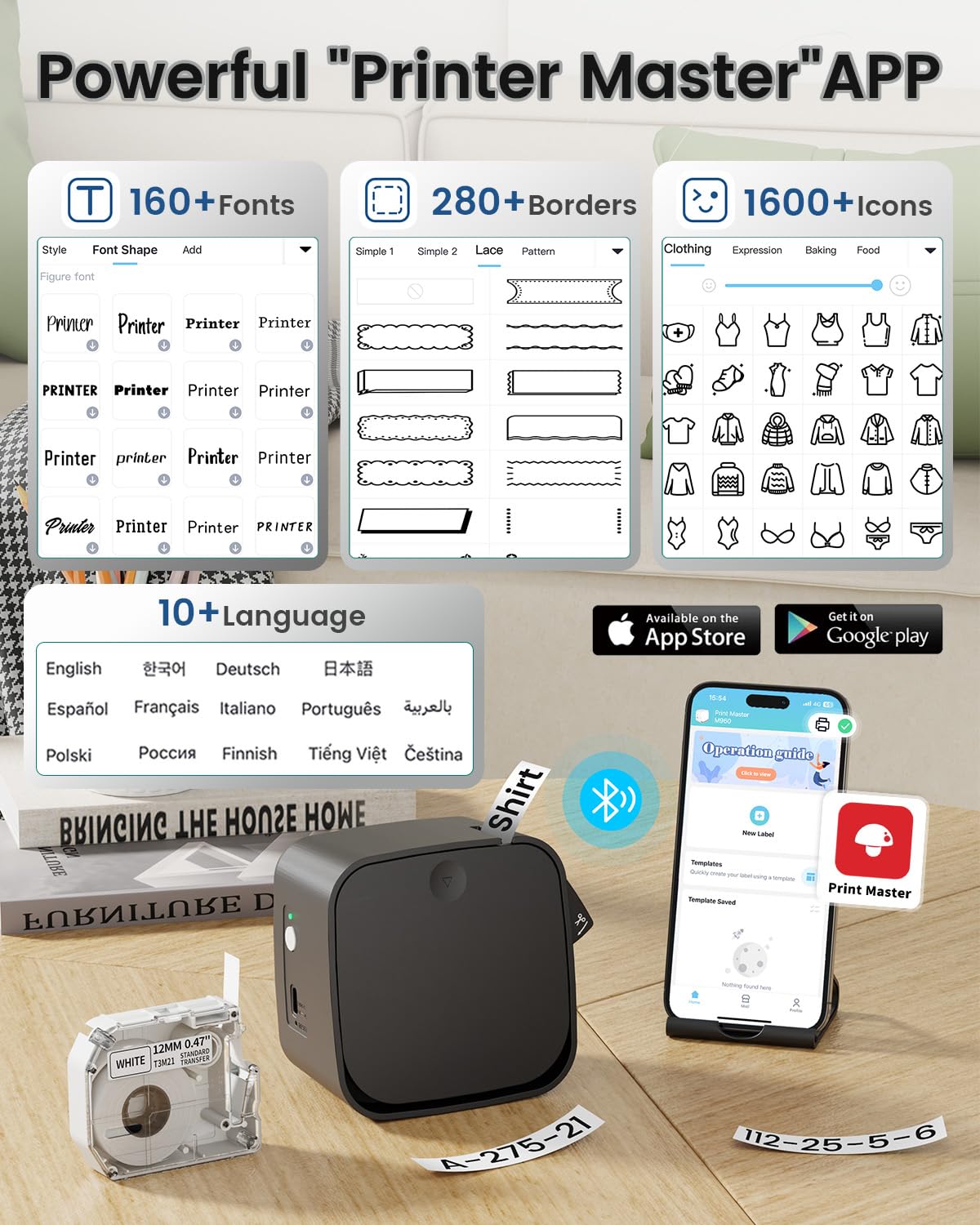 Memoqueen M960 Portable Label Maker Machine with Tape-Bluetooth Thermal Mini Label Printer for Home, Office, Home, School, Sticker Maker with Multiple Templates Font Icon, Black