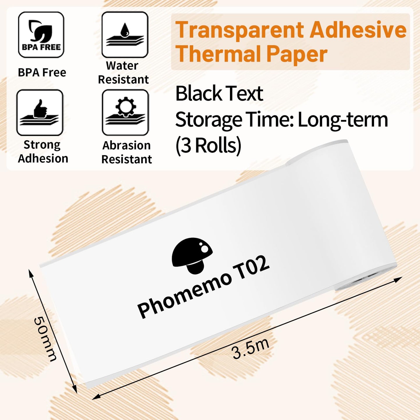 Phomemo T02 Transparent Adhesive Thermal Paper, Sticker Paper Printer Label, 1.96'' x 11.4' (50mmx3.5m/Roll), Black Text, Keep for Long Time, 3 Rolls