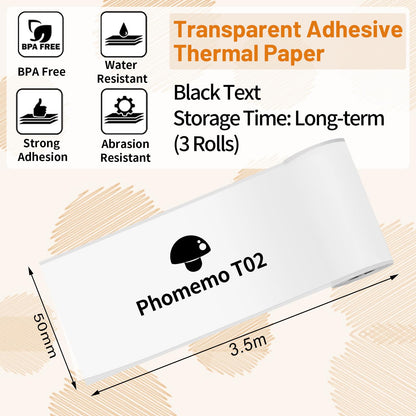 Phomemo T02 Transparent Adhesive Thermal Paper, Sticker Paper Printer Label, 1.96'' x 11.4' (50mmx3.5m/Roll), Black Text, Keep for Long Time, 3 Rolls