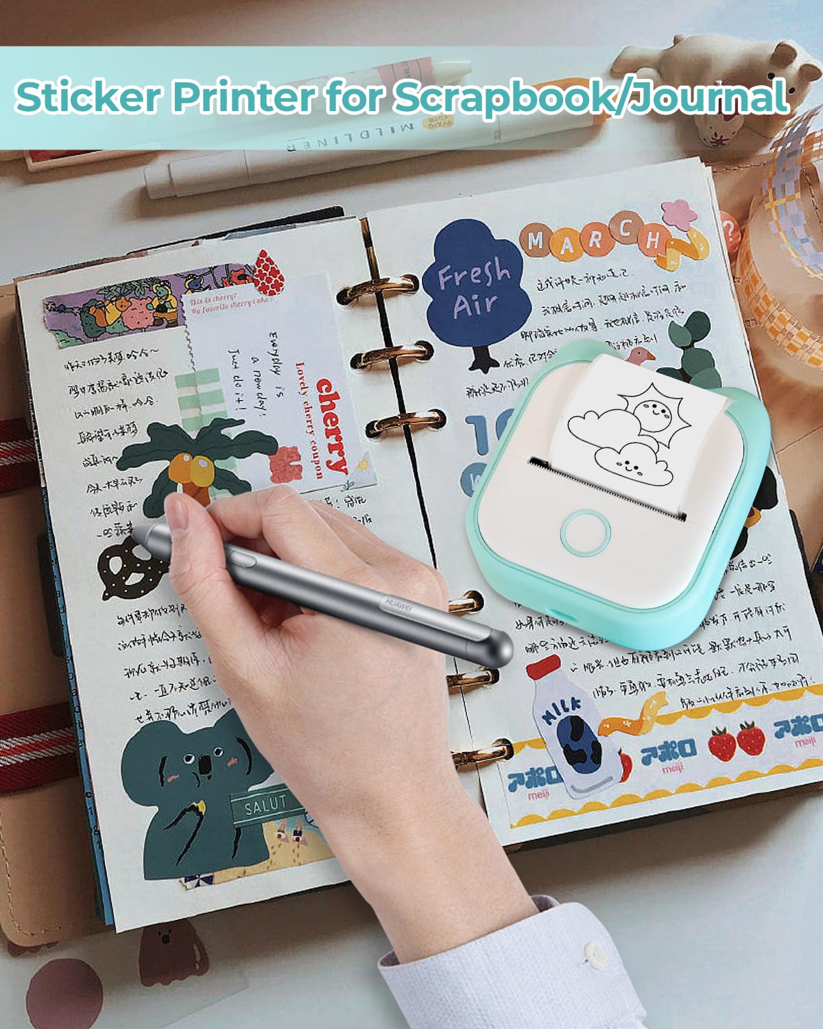 Memoqueen T02 Small Printer-Bluetooth Mini Printer Thermal Sticker Printer Wireless Pocket Printer, Compatible with 53mm Paper, Black Text, 203dpi, Ideal for DIY, Photo, Journal, Memo, List