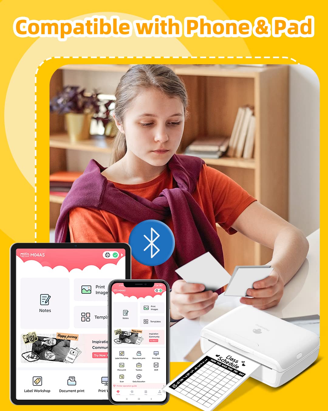 Memoqueen Phomemo M04S Mini Thermal Printer- 4 inch Bluetooth Photo Sticker Maker Printer Machine - Mini Printer Compatible with iOS &Android for Document, Notes, Sticker, Photo, Label, Journal, White