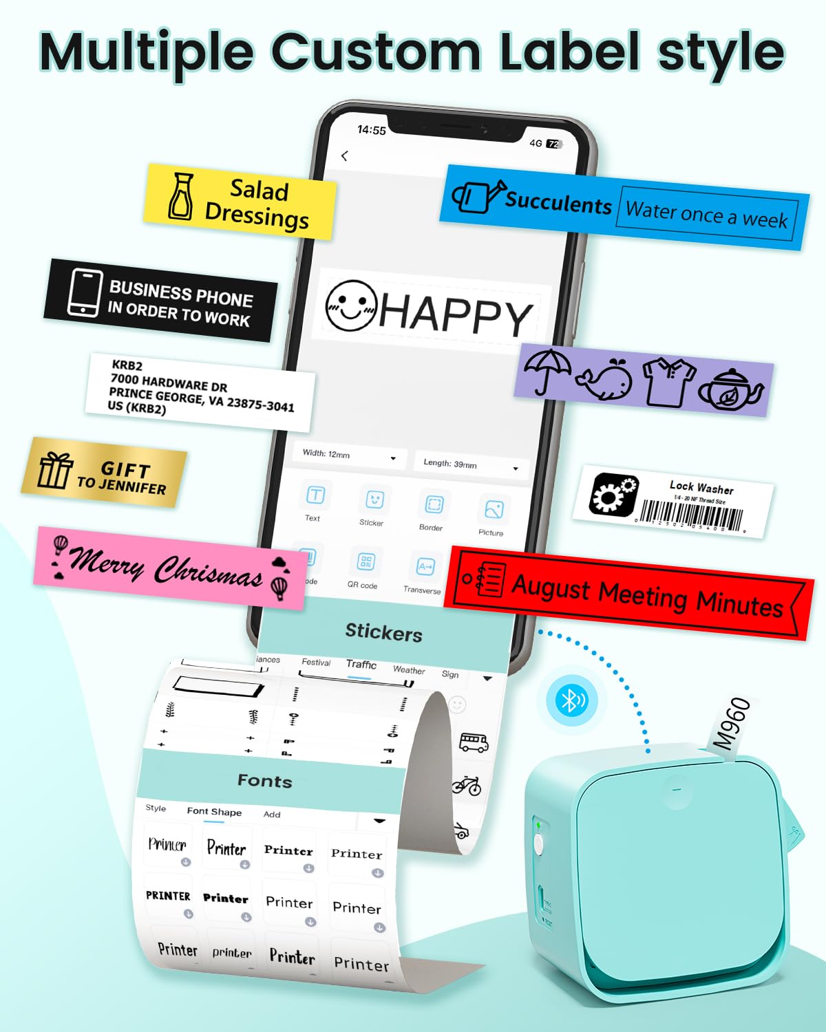 Memoqueen Label Maker Machine with Tape-Portable Bluetooth Thermal Label Printer for Home, Office, Mini Thermal Label Maker Multiple Templates Icon Font,Green