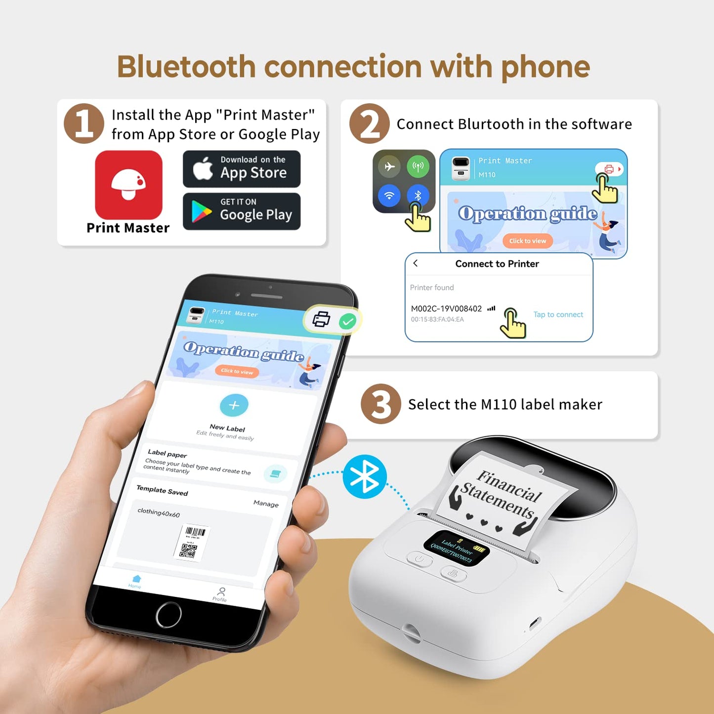 Label Maker Machine-Phomemo M110 Portable Bluetooth Label Printer for Storage, Shipping, Barcode, Mailing, Office, Home, Organizing, Sticker Maker Mini Label Maker with Multiple Templates, White