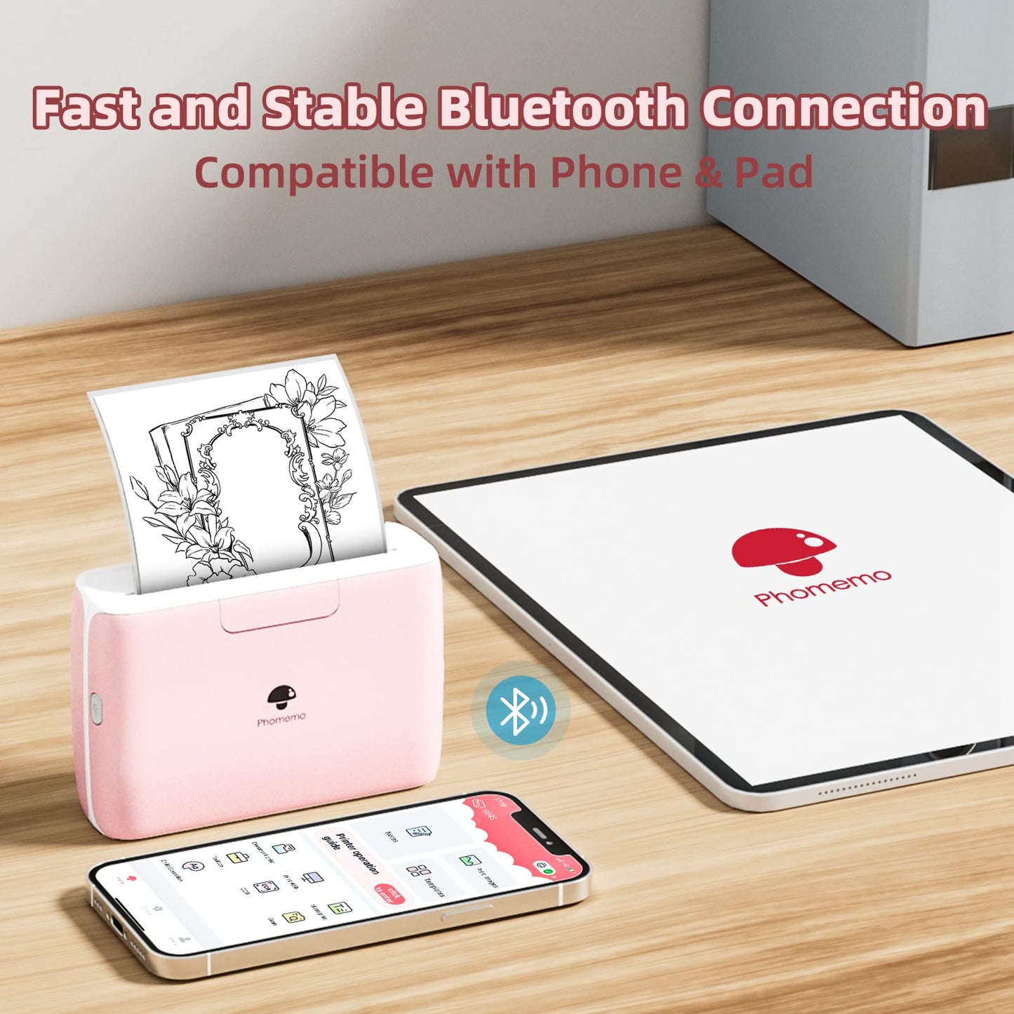 Phomemo M04S Portable Printer - Bluetooth Inkless Thermal Sticker Printer Compatible with iOS and Android for Instantly Print Documents, Notes, Laebl with 300dpi, Support 53/80/110mm Paper Width, Pink