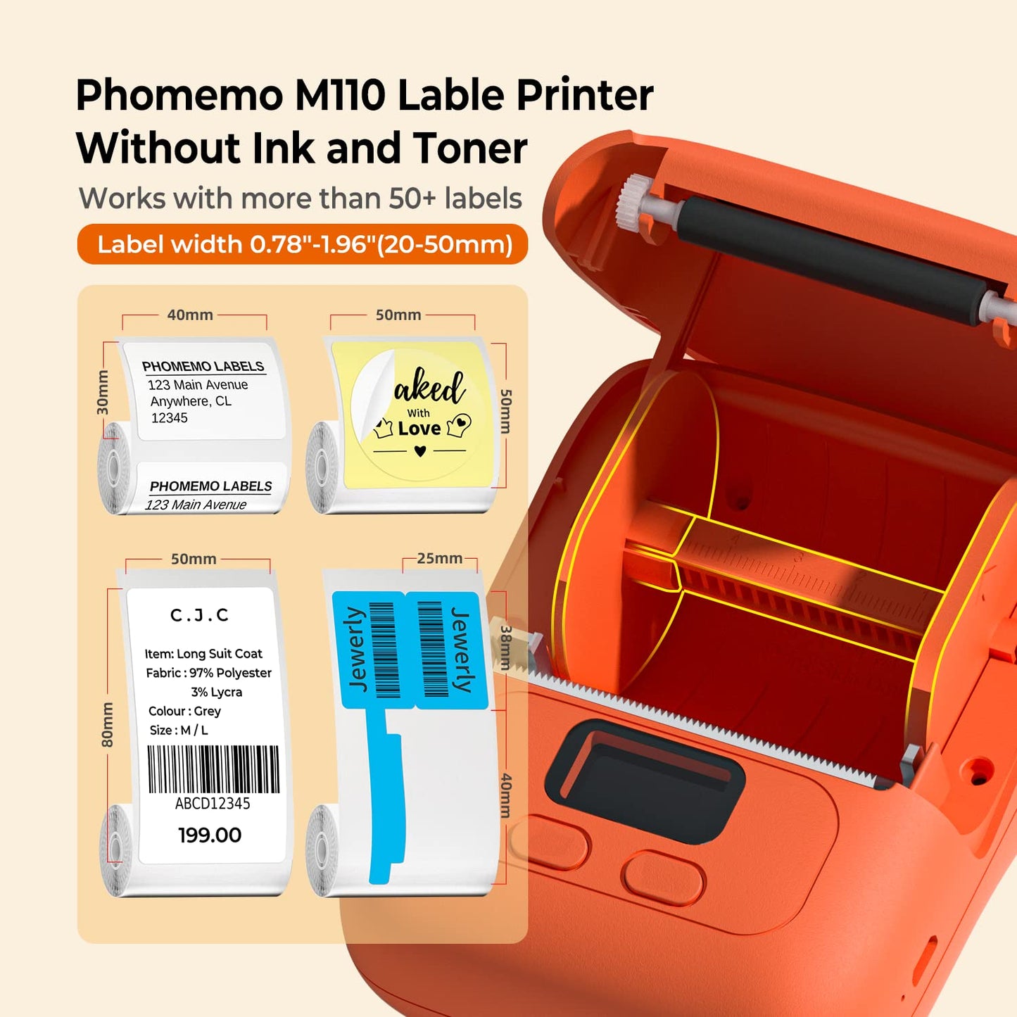 Thermal Label Maker, Phomemo M110 OG Bluetooth Thermal Printer, Label Maker Machine for Ingredient, Logo, Clothing, Address, Jewelry, Mailing, Barcode Office for iOS & Android, Orange