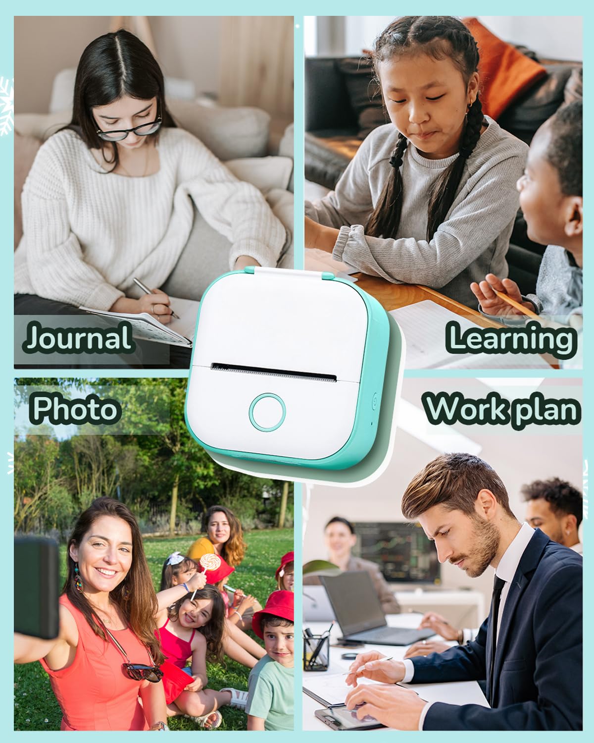 Memoqueen Mini Sticker Printer T02 Pocket Portable Bluetooth Thermal Printer with 3 Rolls Paper for Journal, Memo, Photo, DIY Scrapbook, Travel, Children Gifts, Compatible with iOS & Android, Green
