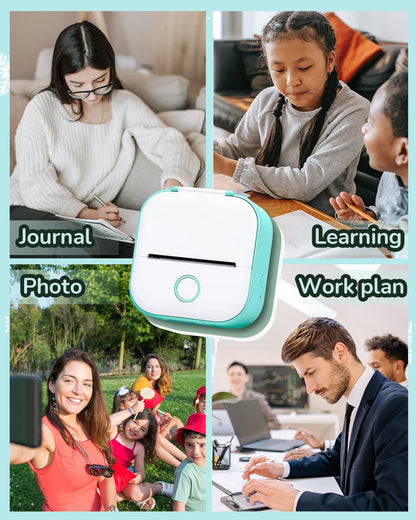 Memoqueen Mini Sticker Printer T02 Pocket Portable Bluetooth Thermal Printer with 3 Rolls Paper for Journal, Memo, Photo, DIY Scrapbook, Travel, Children Gifts, Compatible with iOS & Android, Green