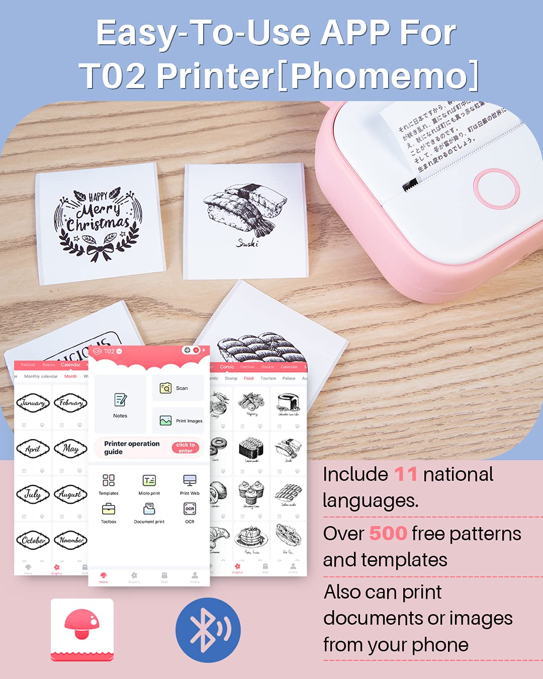 Memoqueen T02 Pocket Printer-Mini Sticker Printer Portable Bluetooth Inkless Instant Photo Printer, Compatble with Phones & Taplates, Great for DIY, Photos, Study Notes, Journal, Fun, Work, Pink